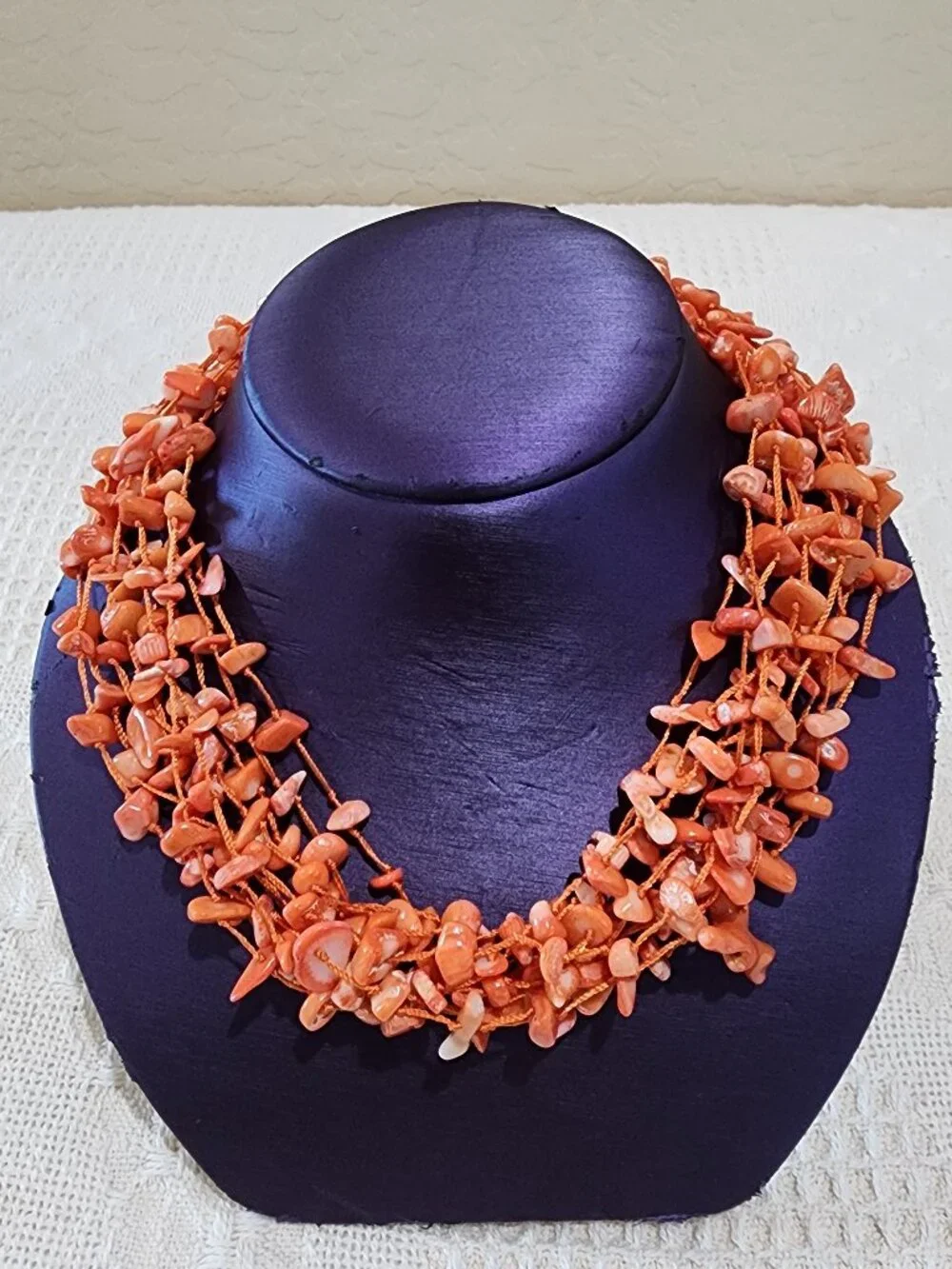 Artisan Mid-Century MCM Orange Coral Abalone Shell 10-Strand Statement Necklace